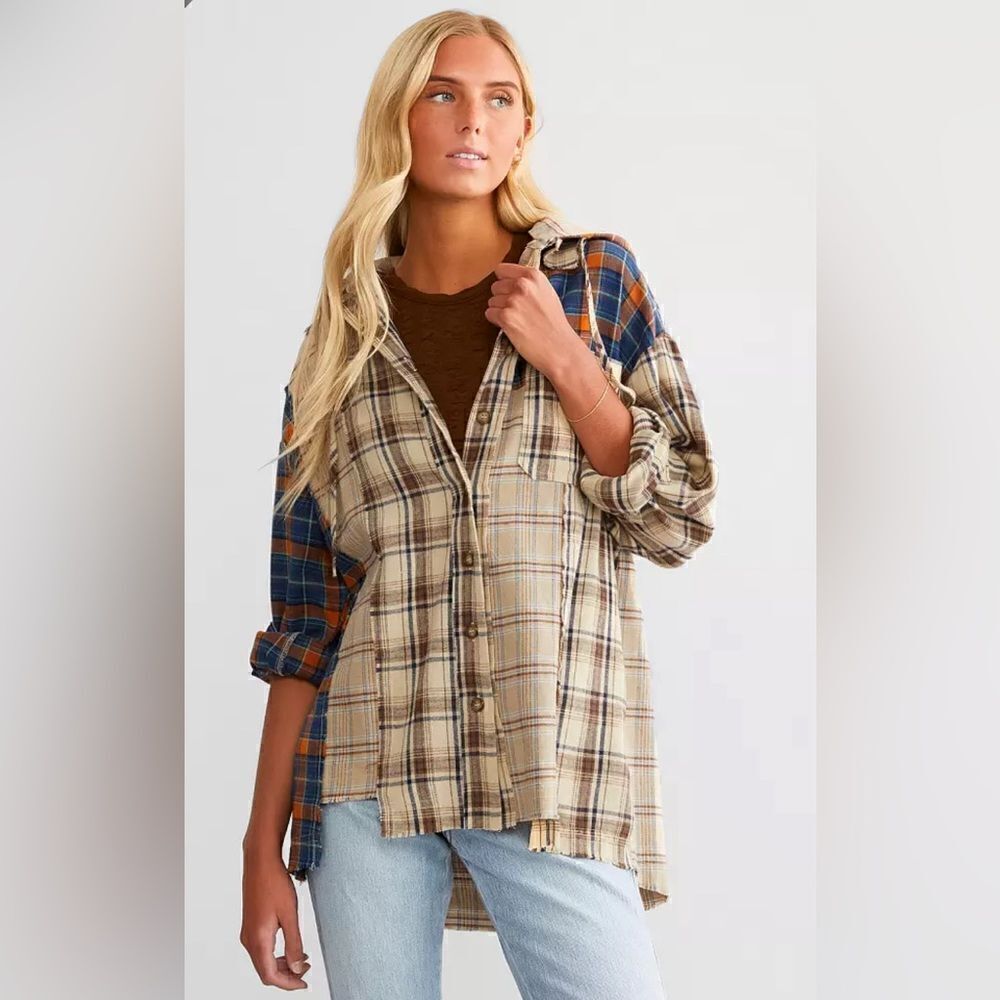 Miss Me Flanne Mixed Plaid Hooded Shirt shacket‎